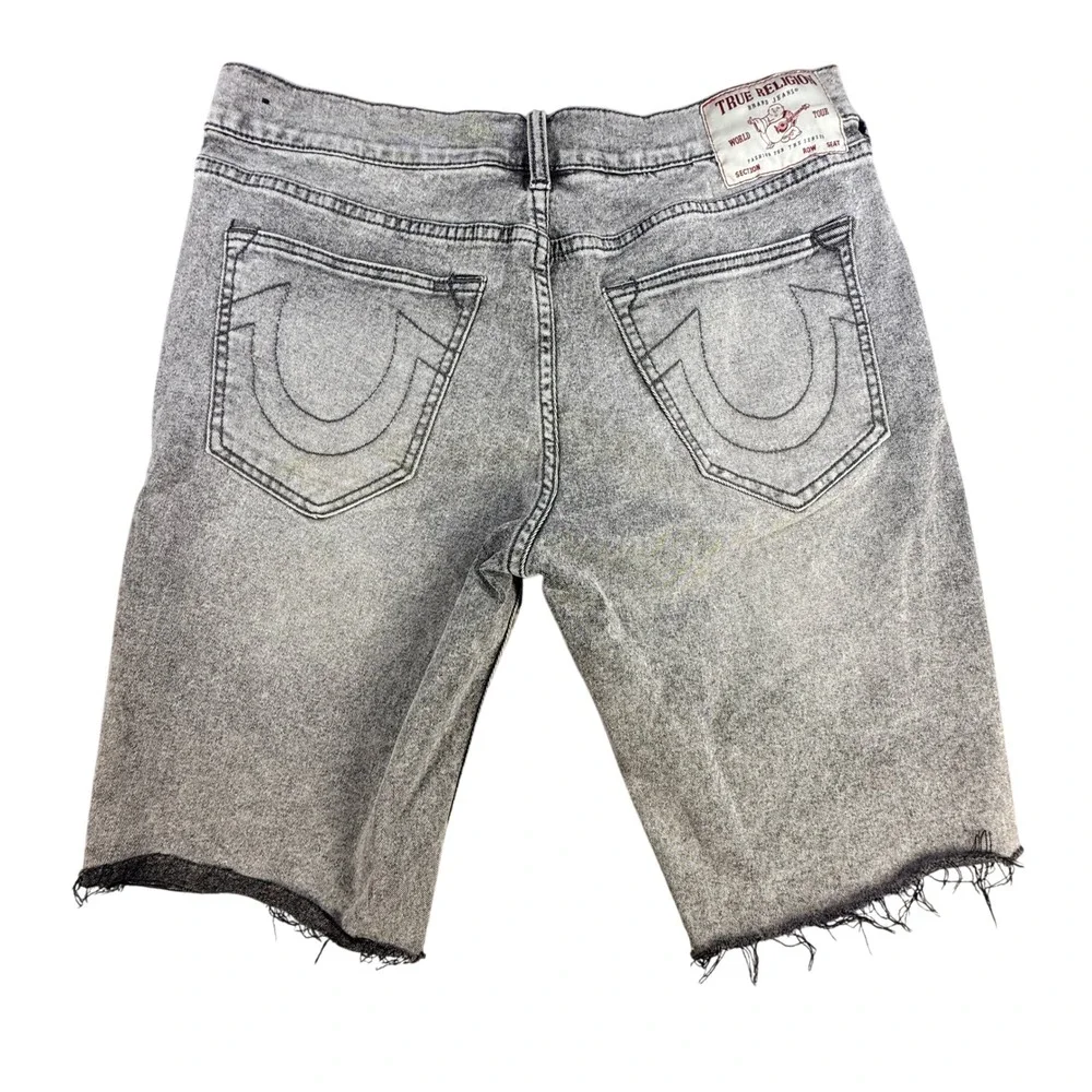 True Religion Mens Ricky Relaxed Straight Cutoff Shorts 34 Grey Acid Wash Denim